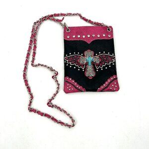 NWOT Girl's Pink Faux Leather Cross Wings Embossed Cut Out Bling Crossbody Purse